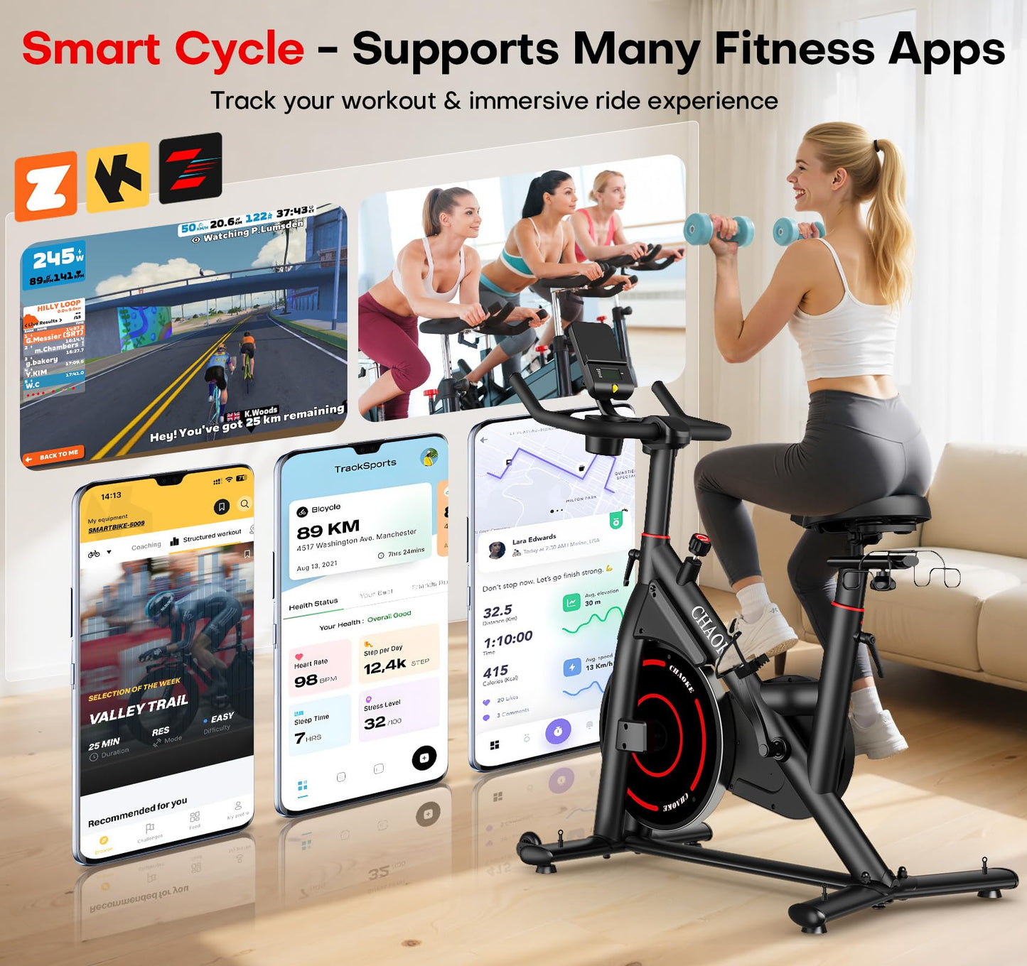 CHAOKE Exercise Bike, Quiet Adjustable Magnetic Stationary Bike for Home Cardio with App Compatible, 350LB Weight Capacity Indoor Cycling Bike with Large Seat, Dumbbell Rack, Pull Cords & LCD Display