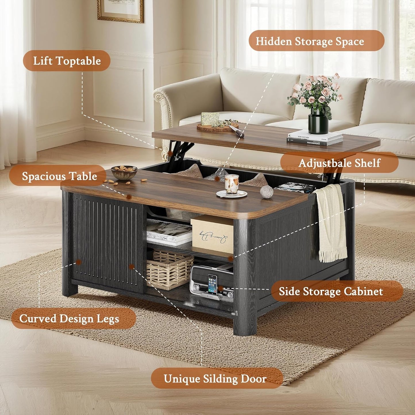 Decofy Lift Top Coffee Table with Storage Mid Century Modern Square Coffee Tables for Living Room, Large Hidden Storage Compartment, Adjustable Shelves & Sliding Door