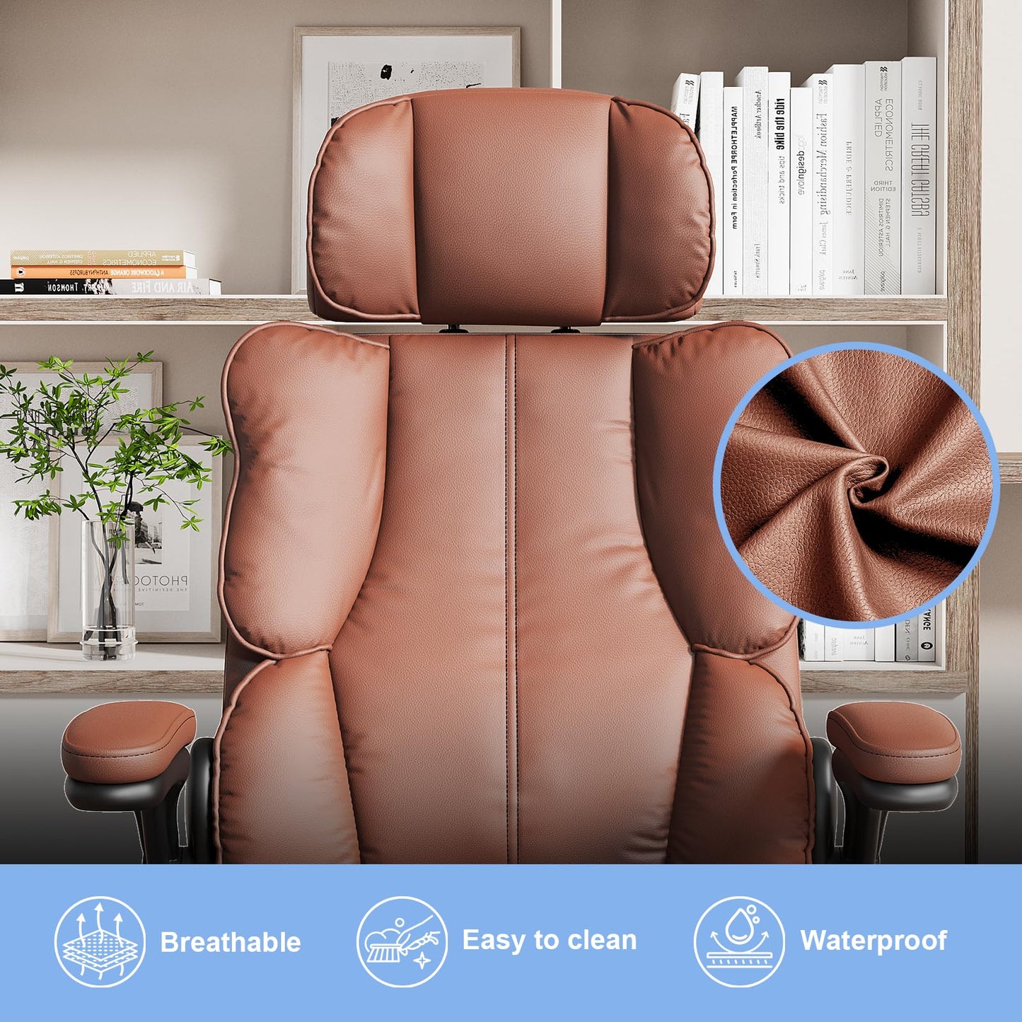 Kensaker Office Chair with Adjustable Headrest & Lumbar Support for for Lower Back Pain Relief, Executive PU Leather Chairs Comfy with Double Padding & 135° Rocking for Home Office, Brown