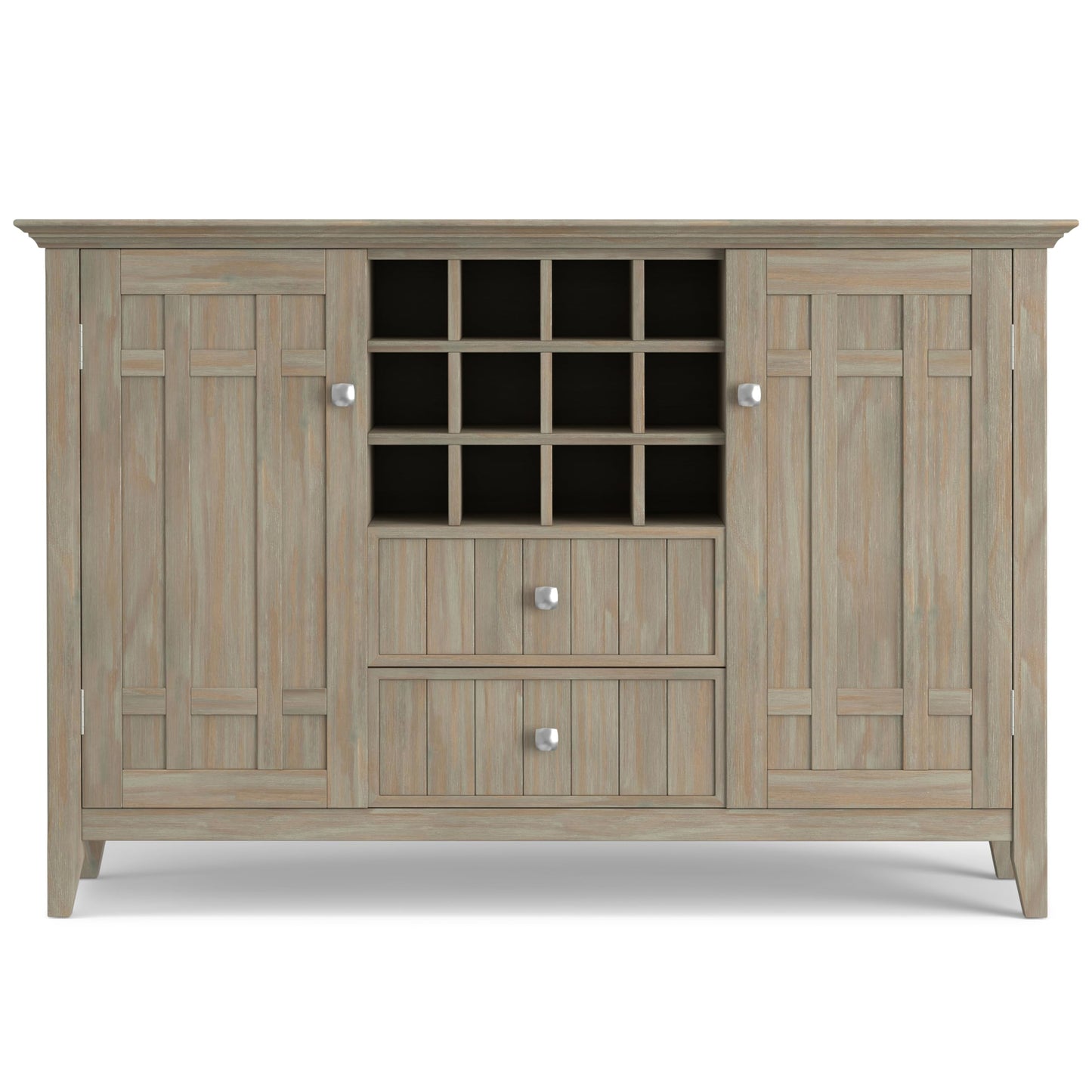 SIMPLIHOME Bedford Buffet - 54 inch Wide Solid Wood 3-Door Sideboard Buffet with Wine Rack in Distressed Grey, Transitional Cabinet for Dining Room or Kitchen with Adjustable Shelves