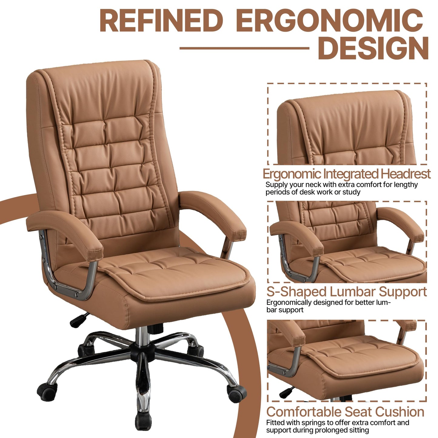 KEIKI Executive Office Chair High Back PU Leather Desk Chair with Spring Cushion, Ergonomic Swivel Computer Chair, Chrome Armrests, Adjustable Rolling Chair for Home Office, Camel