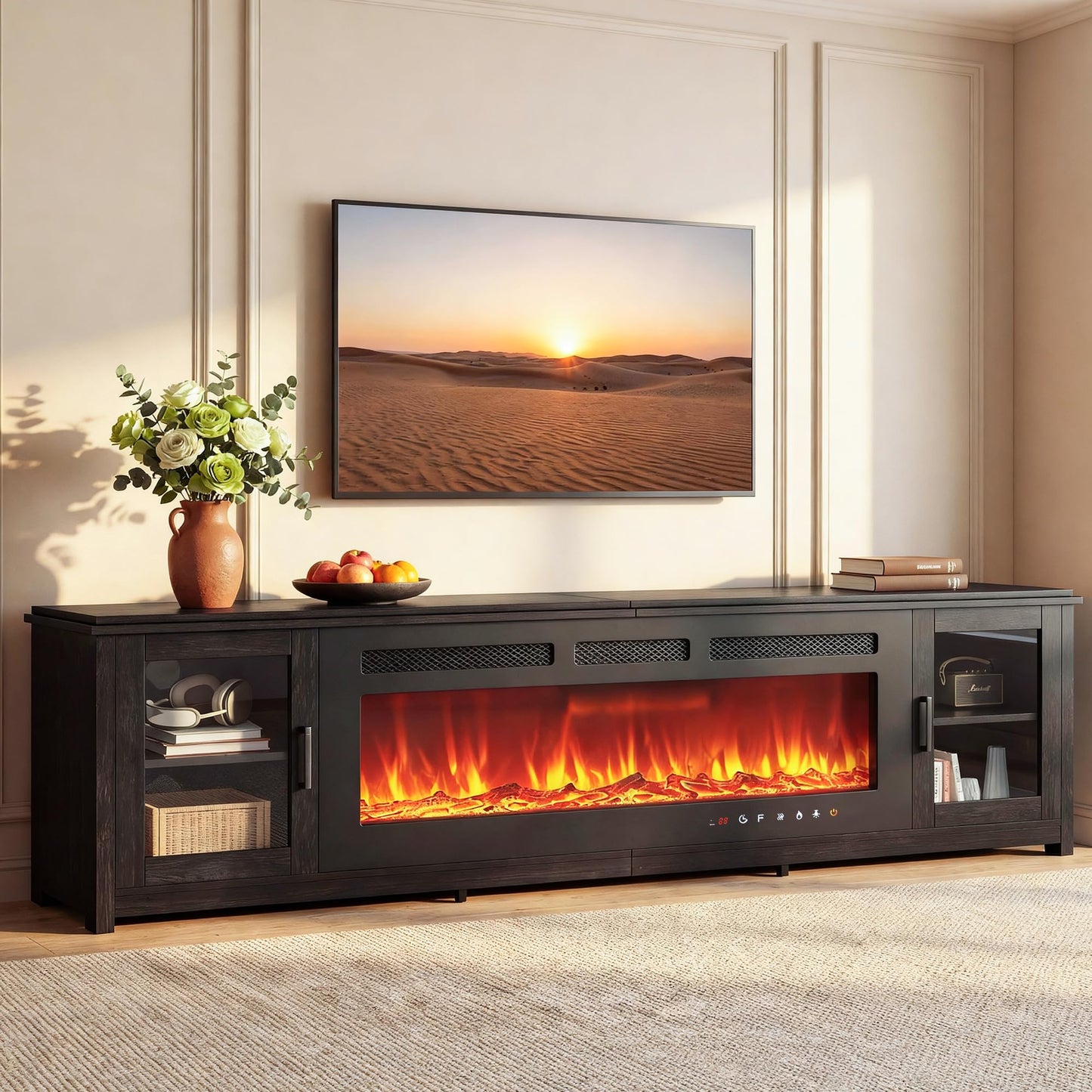 MXV 90" Fireplace TV Stand, Modern Entertainment Center with 60 Inch Electric Fireplace, Adjustable Shelf & Glass Door, Fire Place TV Console for Living Room, Black