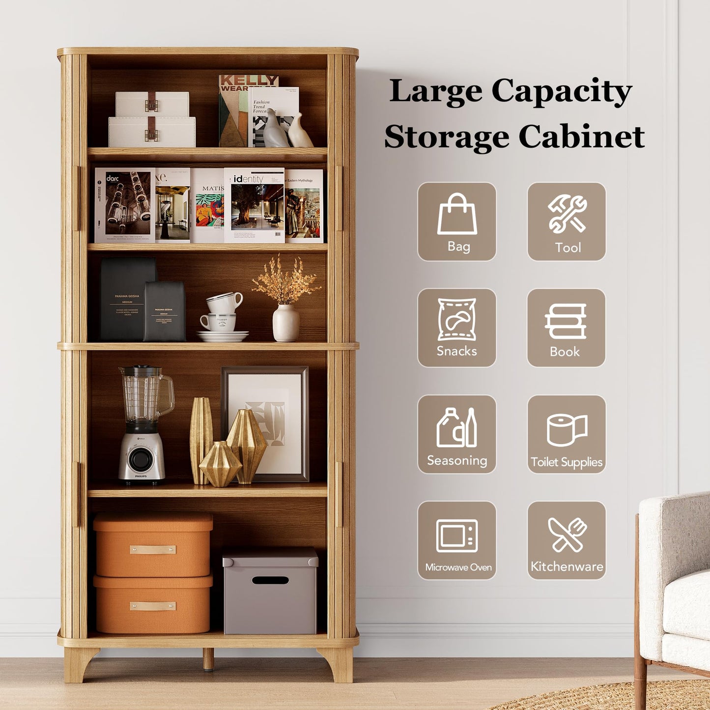 Decofy 69" Tall Kitchen Pantry Storage Cabinet with Sliding Door, Modern Curved Edge Pantry Storage Cabinet with 5 Shelves, Cupboard for the Kitchen, Dining Room, Bedroom, Living Room, Office (Oak)