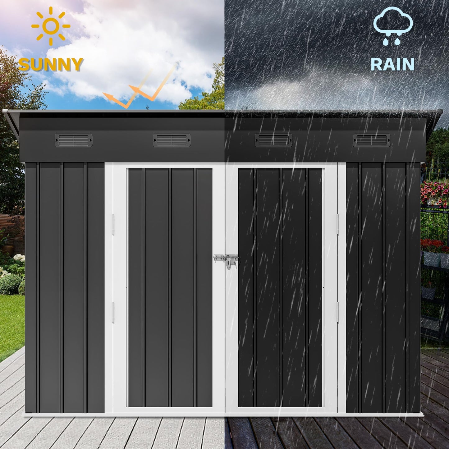 DWVO 9' x 4' Outdoor Storage Shed, Lockable Double Doors, Sloped Roof, Heavy-Duty Steel Shed for Garden & Patio, Large Backyard Tool Organizer, Dark Gray