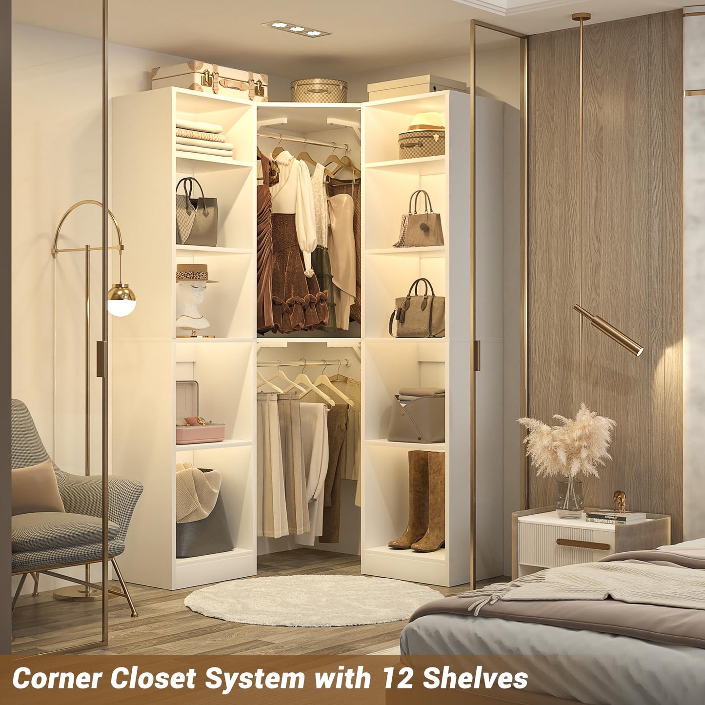 Besiost Corner Closet System with 12 Shelves, 39.2" Corner Closet Organizer System with 2 Hanging Rods, Versatile 6-Tier Walk-in Closets for Corner Space, White (39.2" L x 39.2" W x 80" H)