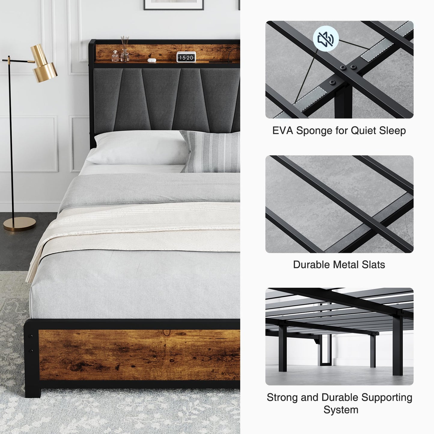 GarveeHome Full Size Bed Frame with Storage Linen Upholstered Headboard, 4 Drawers Platform Bed Frame with Charging Station, No Box Spring Needed, Easy Assembly, Rustic Brown
