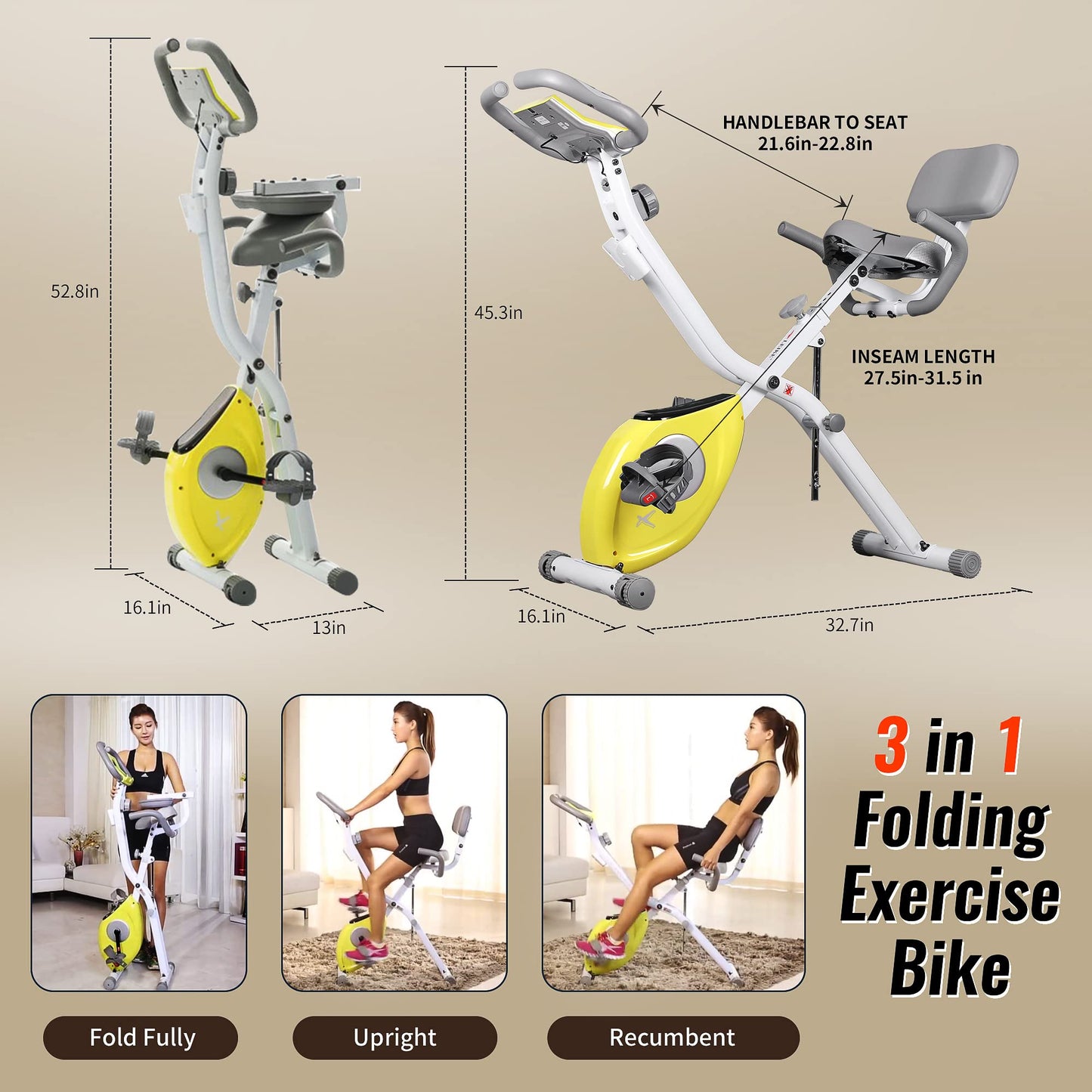 leikefitness LEIKE X Bike Ultra-Quiet Folding Exercise Bike, Magnetic Upright Bicycle with Heart Rate,LCD Monitor and easy to assemble (YELLOW)