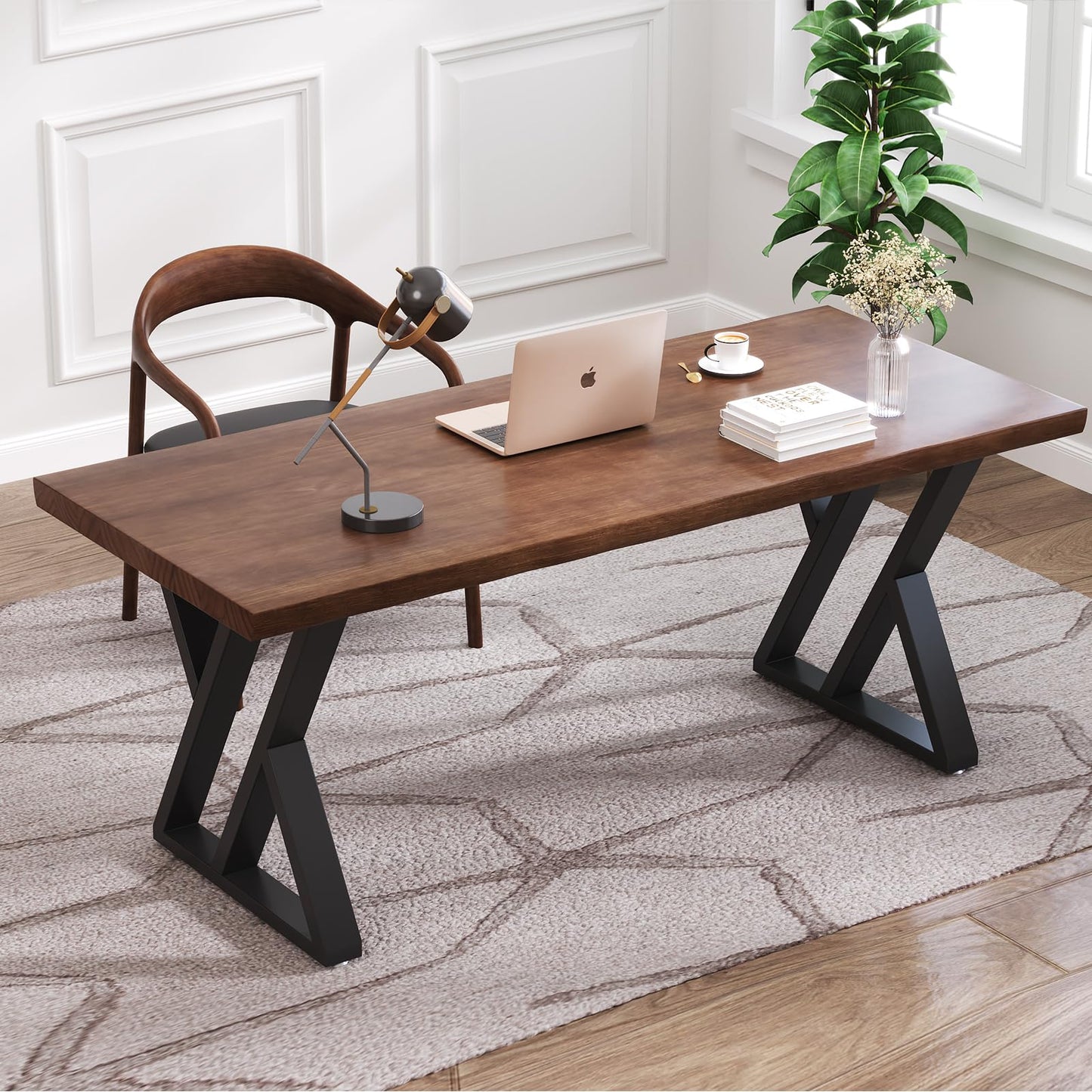 tiedingding Solid Wood Desk 47 Inch, Rustic Wooden Writing Desk with Sturdy Metal Frame, Modern Simple Design Executive Real Wood Computer Desk for Home Office, Bedroom & Living Room (Natural Finish)