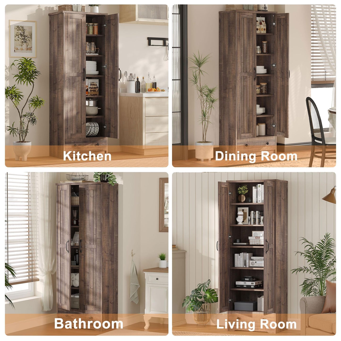 Decofy 70" Tall Storage Cabinets, Large Wood Storage Pantry Cabinet with 6 Adjustable Shelves, 2 Striped Doors & Drawer, Standing Utility Cabinet for Kitchen, Bathroom, Dining Room, Antique (Brown)