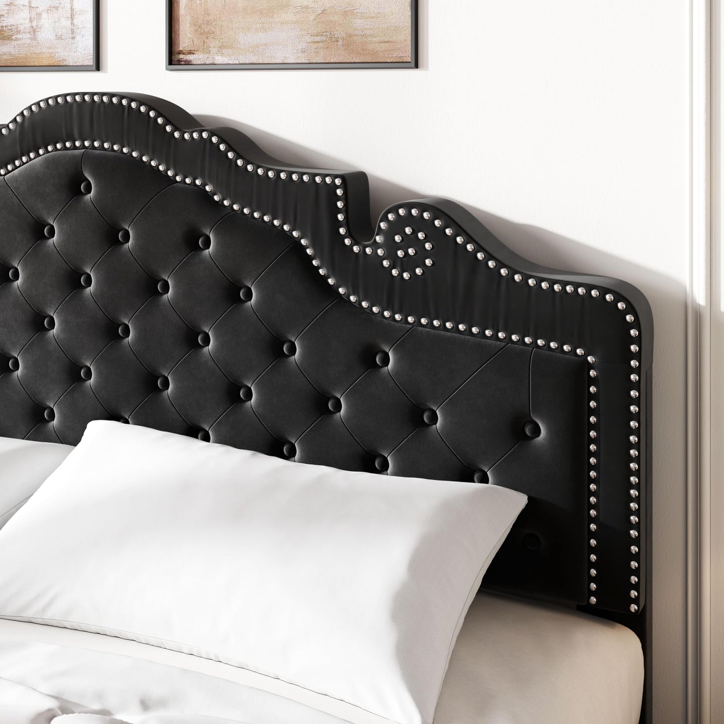 SHA CERLIN King Size Platfrom Bed Frame with Adjustable Headboard/Velvet Upholstered Diamond Button Tufted and Metal Studs/No Box Spring Needed/Easy Assembly/Wooden Slat Support/Black
