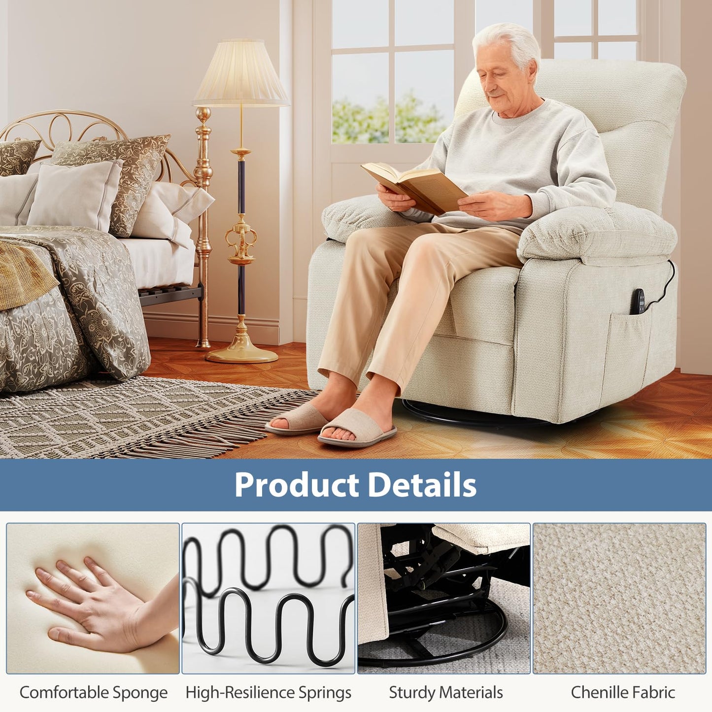 HAPPYMONT Recliner Chair, Durable & Tear-Resistant Massage Chair with Heating, Premium Chenille Fabric Massage Recliner Supports up to 380 LBS for Living Room, Bedroom, Beige