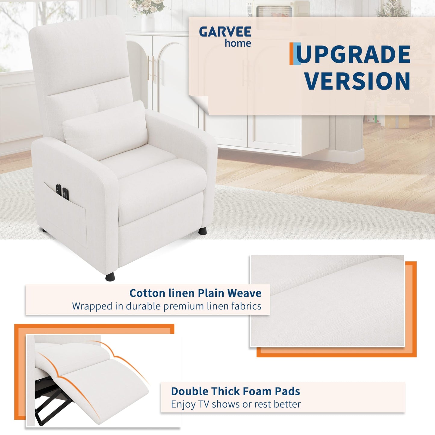 Power Recliner Chair, Adjustable Electric Reclining Chair for Adults, Overstuffed Tall Back Sofa with Padded Seat, 2 Side Pockets & USB Port, Home Theater Seating for Living Room - White