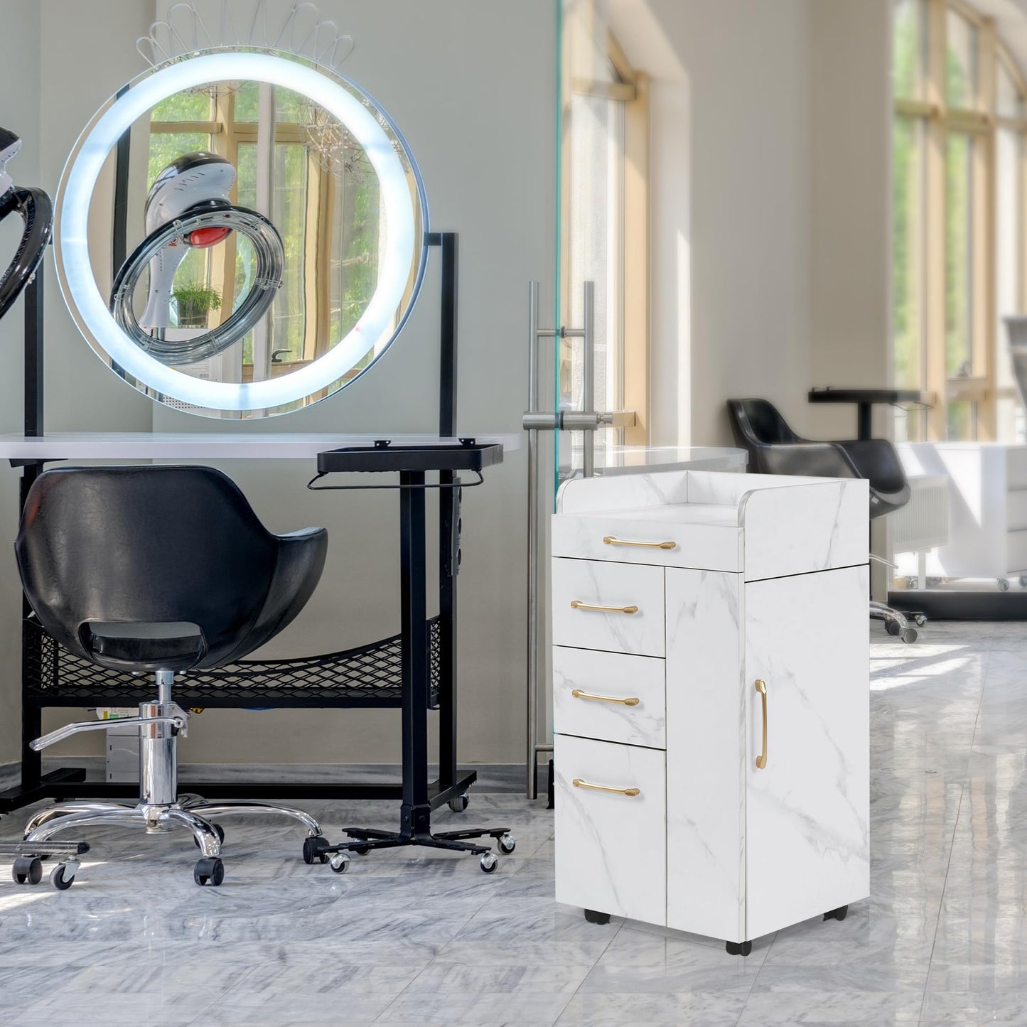 BarberPub Salon Trolley Cart with Lockable Wheels, Hair Styling Utility Rolling Cart for Storage DC2053 (White)