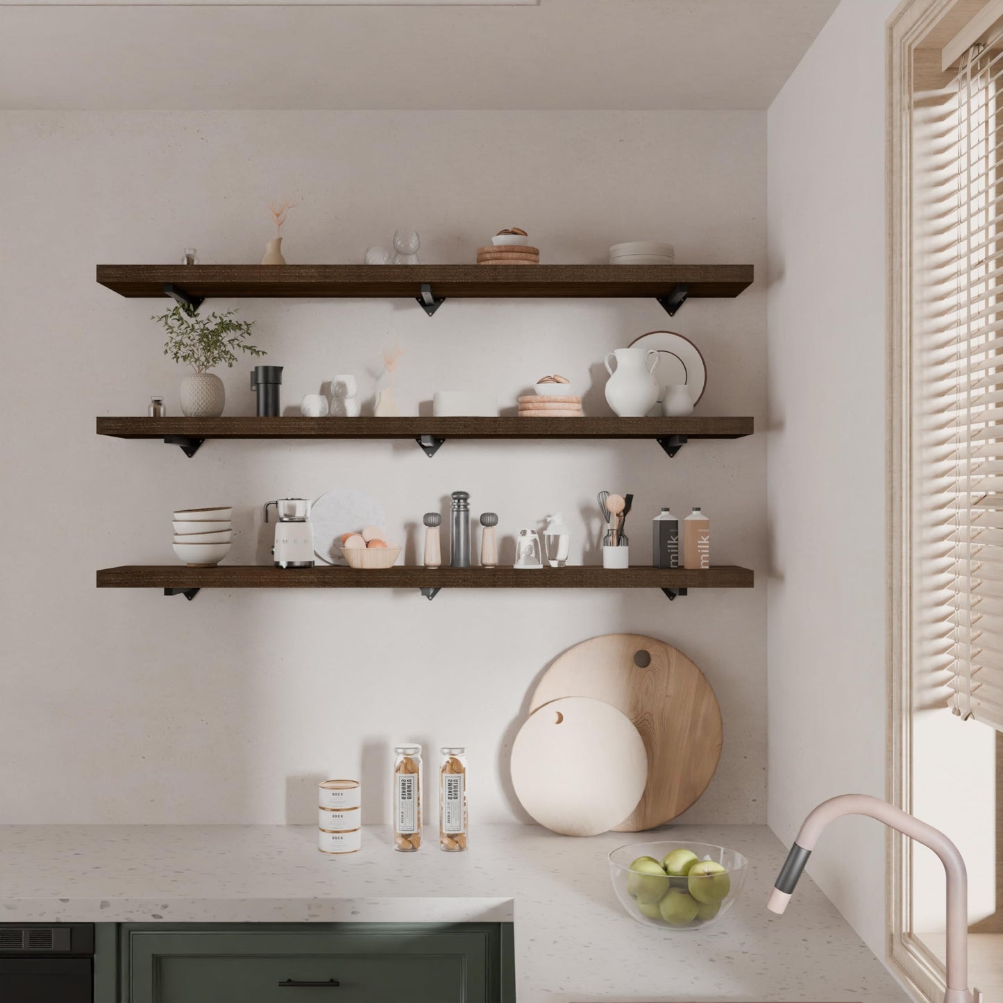ONOTETUT 60 Inch Long Wall Shelves,Long Floating Shelf for Wall Set of 3,Walnut Large Wall Mounted Shelves with Metal Brackets,Farmhouse Bookshelf Shelves for Office