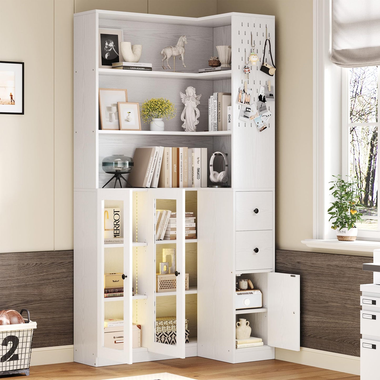 IRONCK Corner Bookshelf with LED Lights, 78.7" Tall Corner Bookshelves with 2 Drawers & Transparent Doors, 7 Tiers L-Shaped Bookcase with Open Shelves and Pegboards for Living Room, Home Office, White