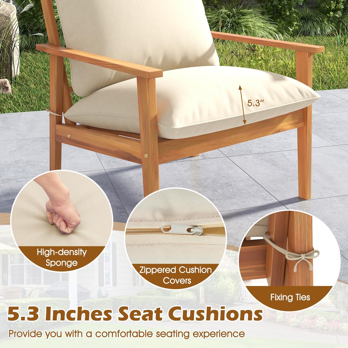 Tangkula 4 Pieces Patio Furniture Set, Outdoor Acacia Wood Conversation Set with Soft Cushions and Coffee Table, Outdoor Sectional Sofa Set for Lawn, Garden, Backyard and Poolside (1, Natural)