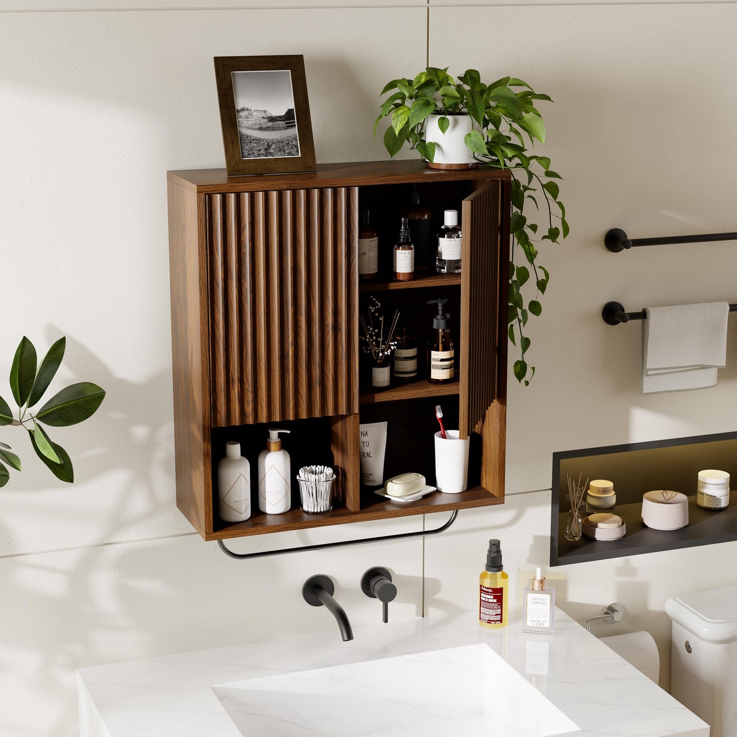 MoomJiee Fluted Wall Cabinets with Doors and Shelves Set of 2, Modern Medicine Cabinet Bathroom Adjustable Shelf Towel Rack Wood Storage Cabinet for Kitchen Dining Room Living Room, Brown