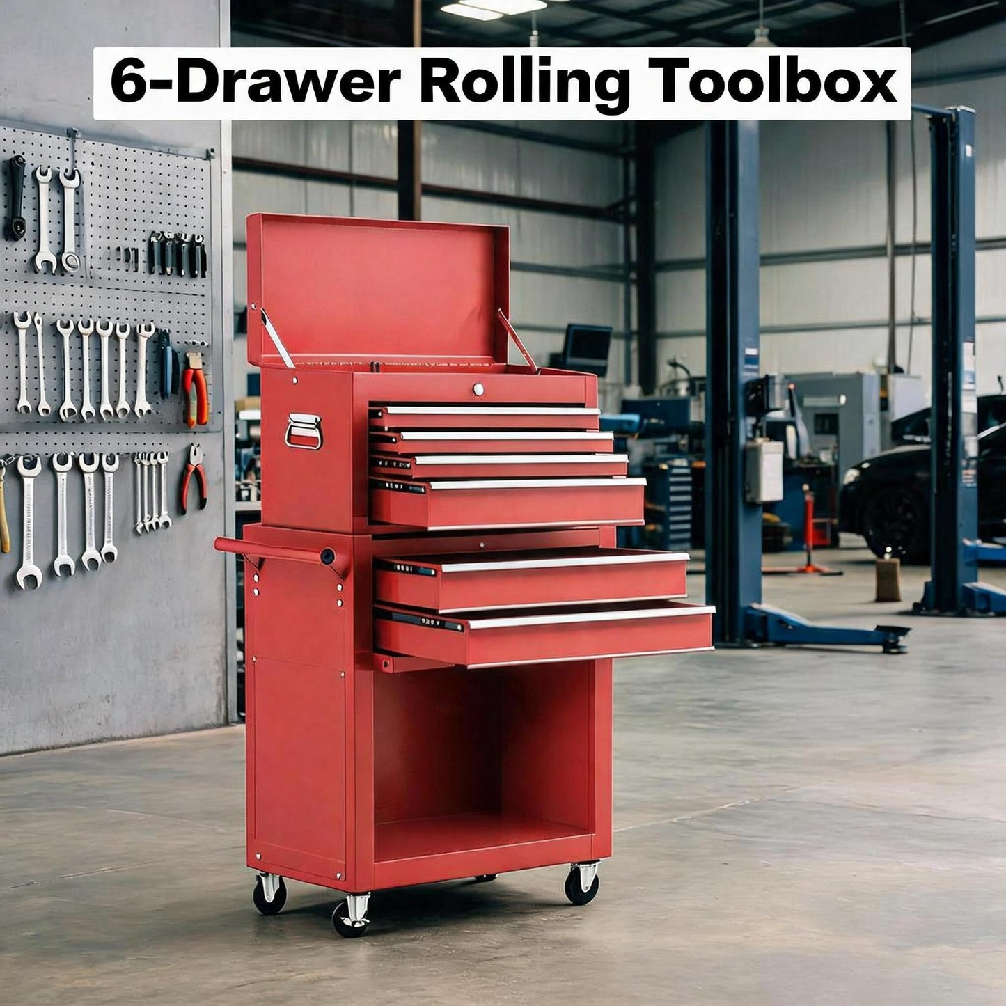 6-Drawer Tool Chest Cabinet with Wheels, Rolling Metal Tool Cart with Sliding Drawers and Protective Liner for Garage, Workshop,Red