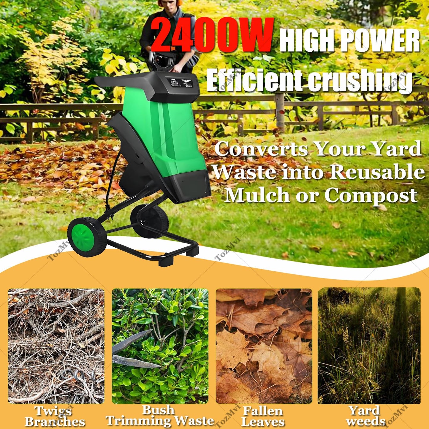 2400W Electric Wood Chipper & Shredder with Wheels, Efficient Leaf Mulcher for Yard Cleanup, 4500 RPM High-Power Garden Waste Shredding Machine, 50L Collection Bag Included