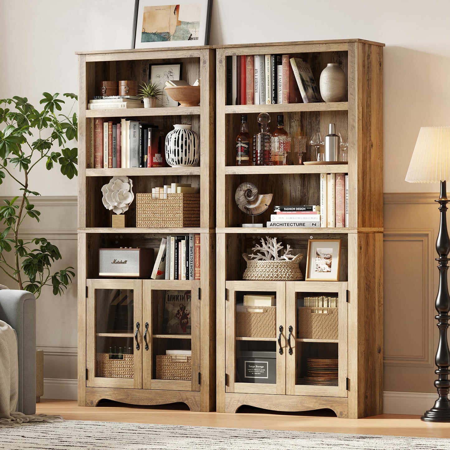 LINSY Bookshelf with Doors, 6 Shelf Bookcase Tall Bookshelves, 73" Farmhouse Book Shelf with Storage Cabinet, Wood Book Shelves for Living Room, Bedroom, Office, Rustic Brown