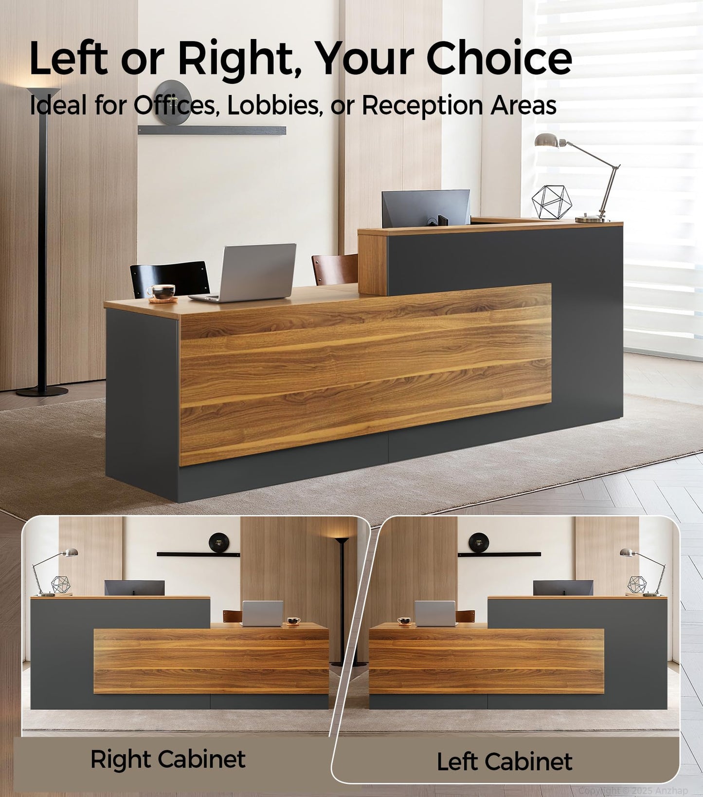 Modern L-Shaped Reception Desk with Counter - 87 inch Front Desk with Storage Cabinet, Open Shelves, Lockable Drawer & Keyboard Tray for Office, Lobby, Checkout (Dark Walnut & Iron Gray - Left)