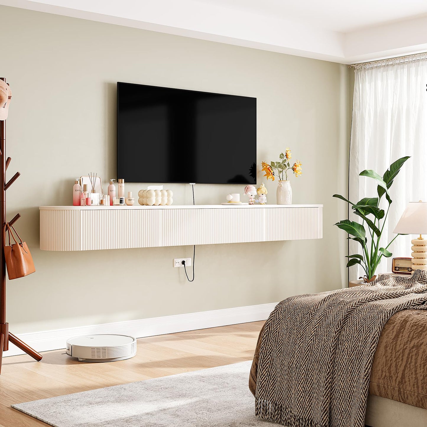 FloatiCasa Floating TV Stand with Drawers 94'',Wall Mount TV Stand,Floating Entertainment Center Shelf for Bedroom Living Room Under TV,Fully Assembled,Off-White