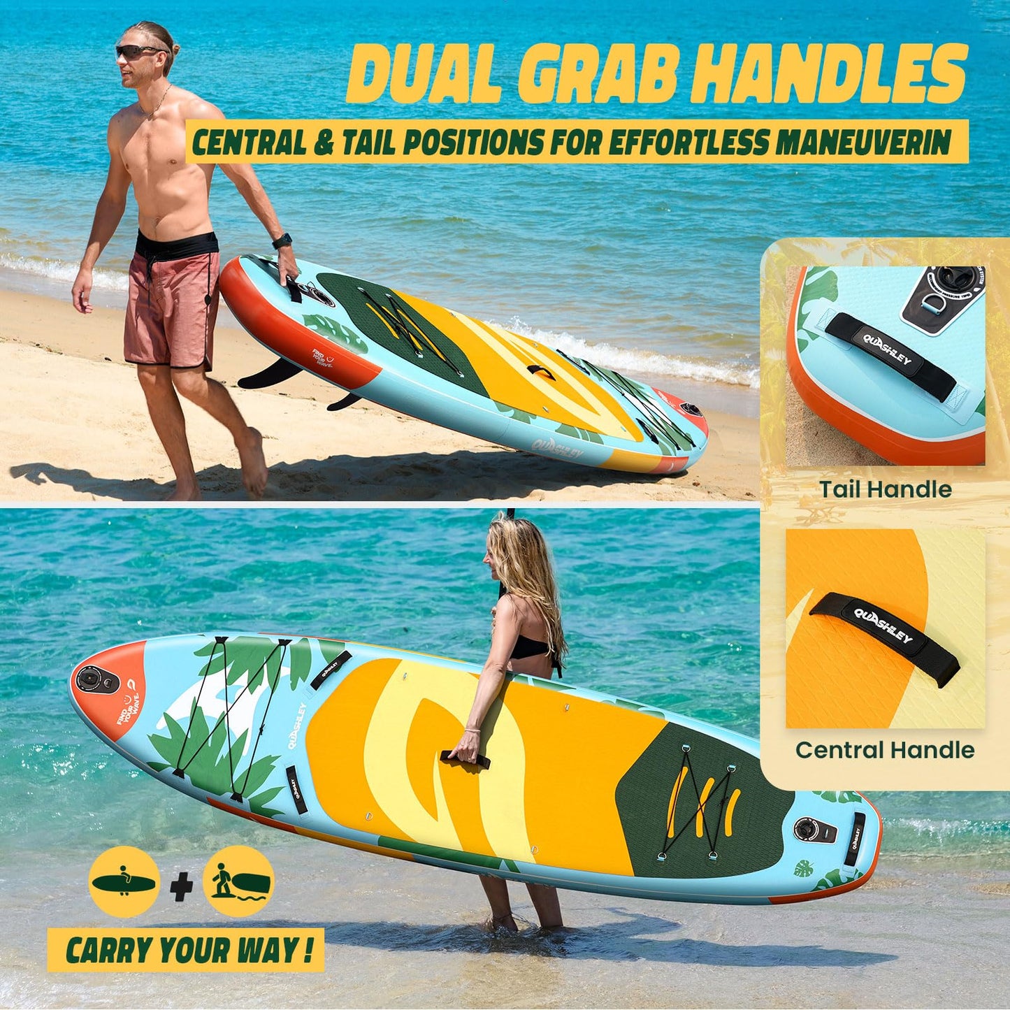 Quashley Inflatable Paddle Board 11ft?4 inch Extra Wider Stand Up Paddle Board Stable Inflatable SUP with 10L Waterproof Bag,Pump,Paddle,3 Removable Fins Leaf