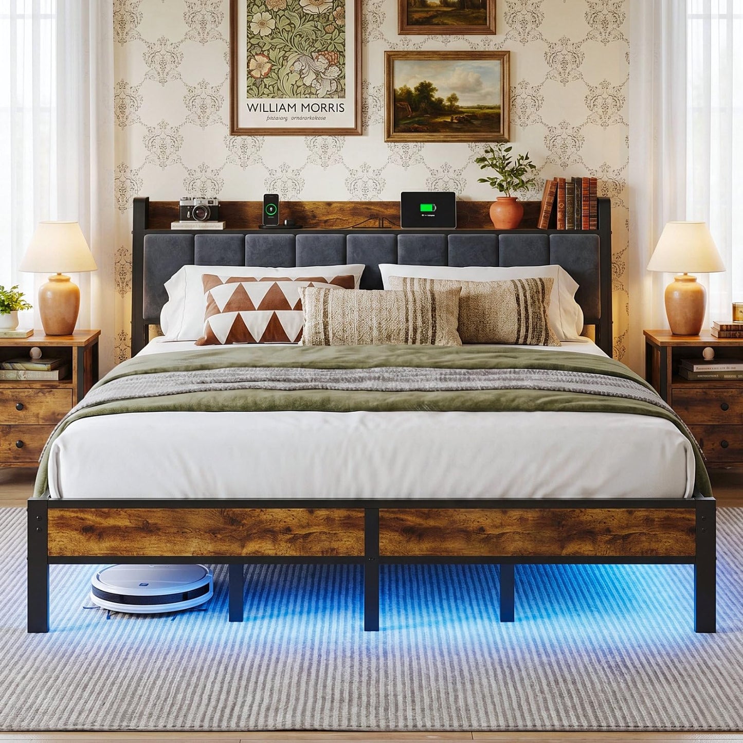 King Size Bed Frame with LED Lights and Charging Station, King Bed Frame with Storage Headboard, Metal Platform Bed with Wood Headboard, Noise Free, No Box Spring Needed, Easy Assembly