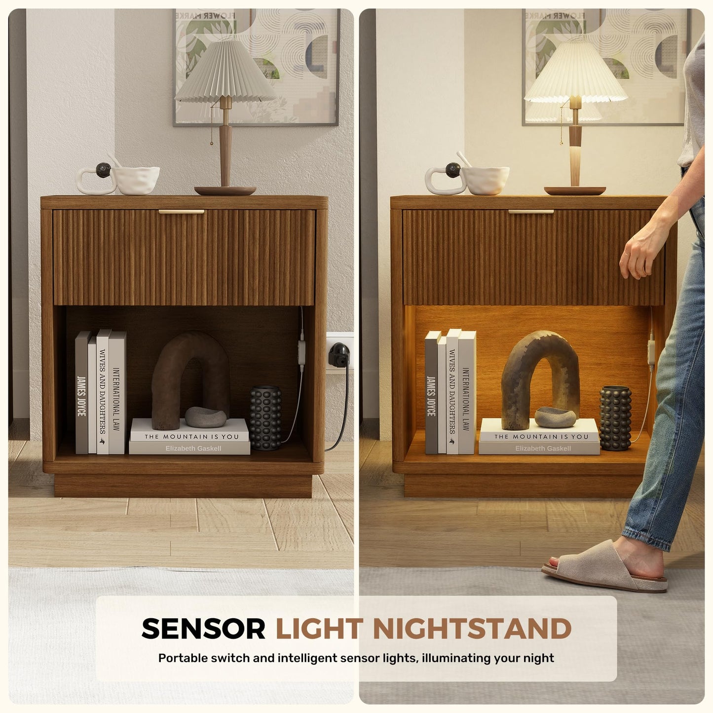 Miereirl Fluted Nightstand with Charging Station, Vintage Modern Night Stands Storage Cabinet Wooden Bedside Table with Metal Handle Drawers, Walnut Oak
