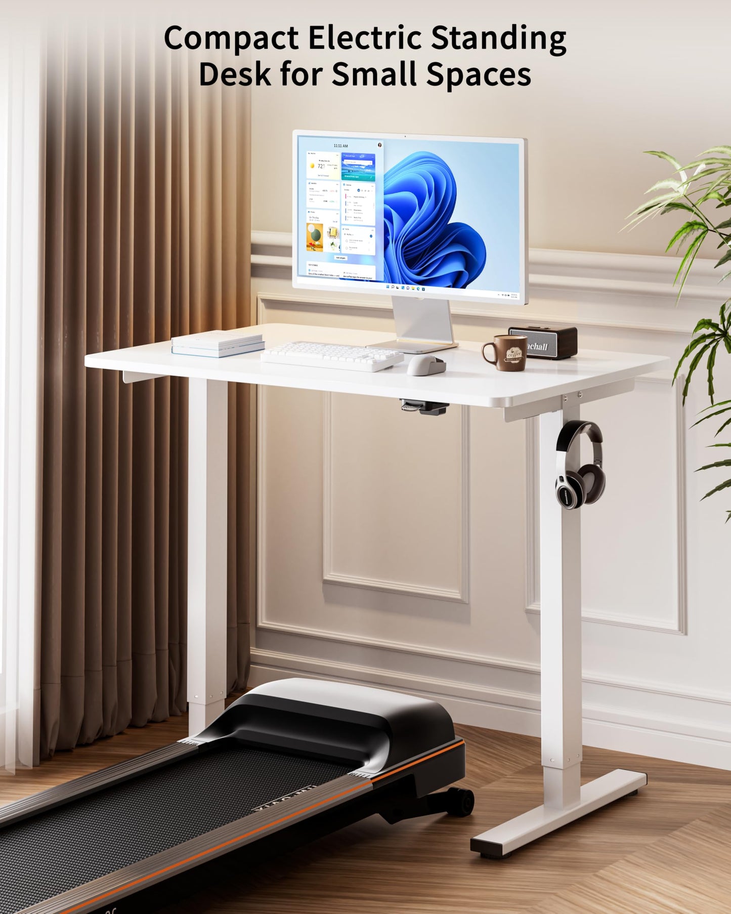BIZUM 35.4" Small Electric Standing Desk Height Adjustable, Whole Piece Stand Up Computer Desk Work Study Writing Gaming Desks for Home Office White