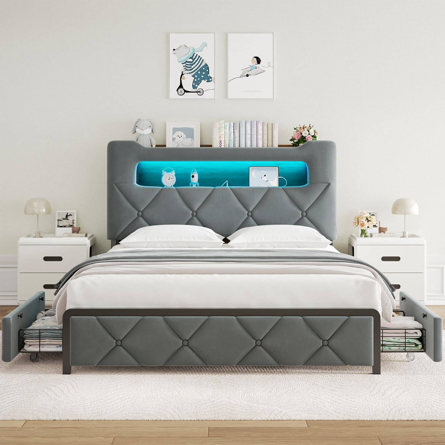 Jocoevol Queen Upholstered LED Bed Frame with 2 Storage Drawers and 2-Tier Storage Headboard, Velvet Platform Bed with Charging Station & Bookcase, Corner Bed Frame, Heavy Duty Metal Support, Grey