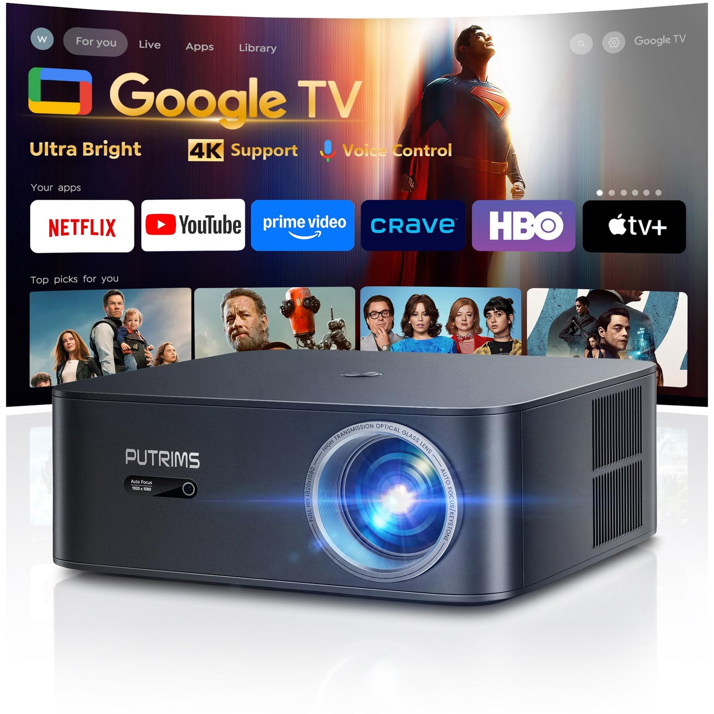 [Ultra Bright/Google TV/4K Support] Smart-Projector with WiFi 6 and Bluetooth, Built-in Apps, Outdoor Movie Proyector, 1080P Home Theater Auto Focus Projector, PUTRIMS K12 (Gray, Standard)