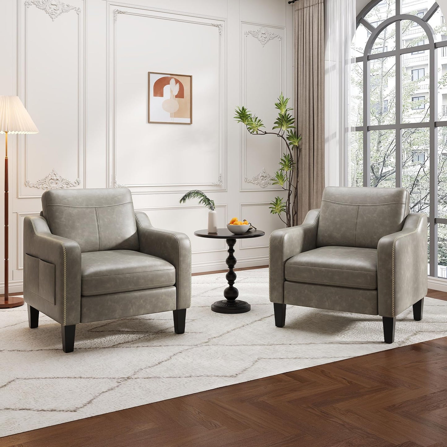 MALOL PU Leather Accent Chair Set of 2, Mid-Century Modern Living Room Armchair Sofa with Removable Cushions, Solid Wood Frame & Stitched Armrest Design, Bedroom Chair with Plastic Legs, Grey