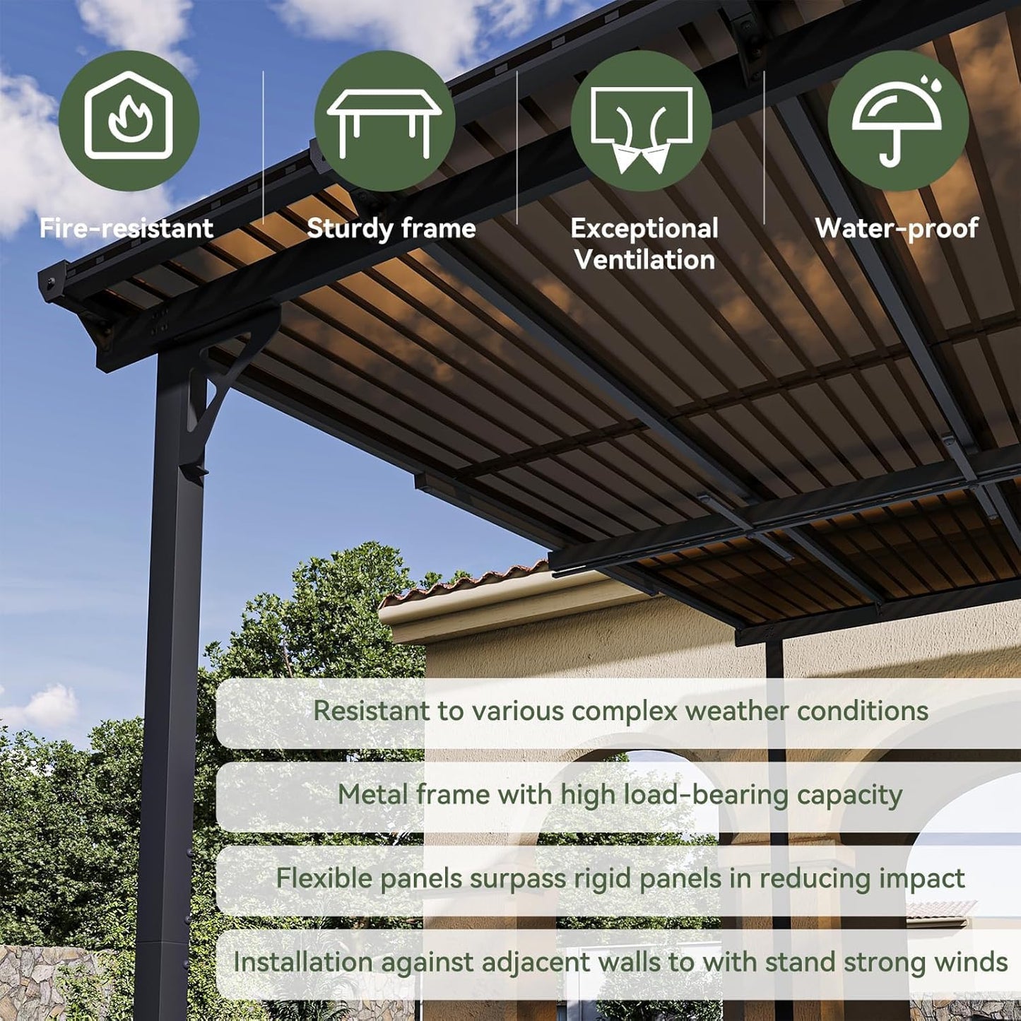 Aoxun 10' x 12' Gazebo for Patio, Gazebo Pergola with Sloped Roof, Large Wall-Mounted Heavy Duty Awnings, and LED Outdoor Waterproof Hanging Lights, for Backyard, Deck, Patio