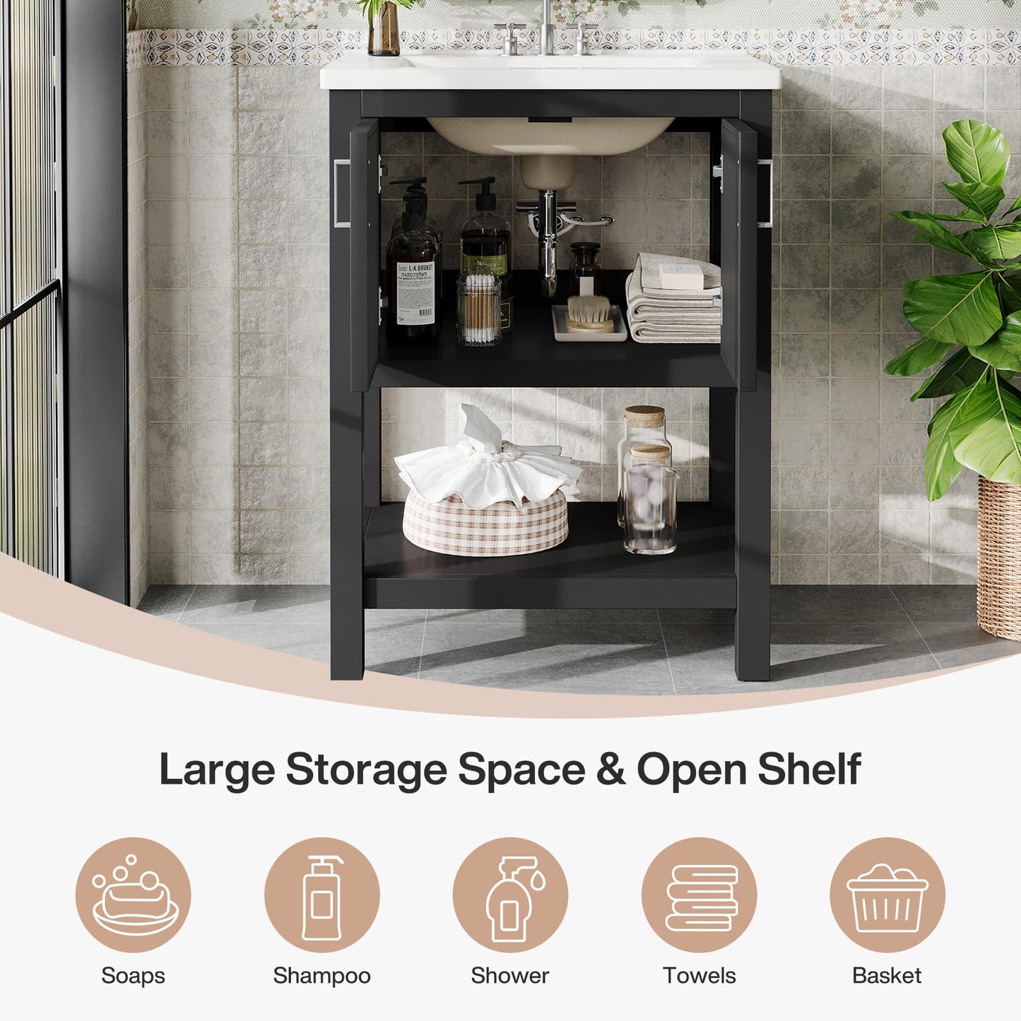 Tribesigns 24" Bathroom Vanity with Sink, Solid Wooden Frame Freestanding Vanity with Ceramic Porcelain Basin, 2-Door Storage Cabinet & Open Shelf for Small Bathroom, Industrial, Black