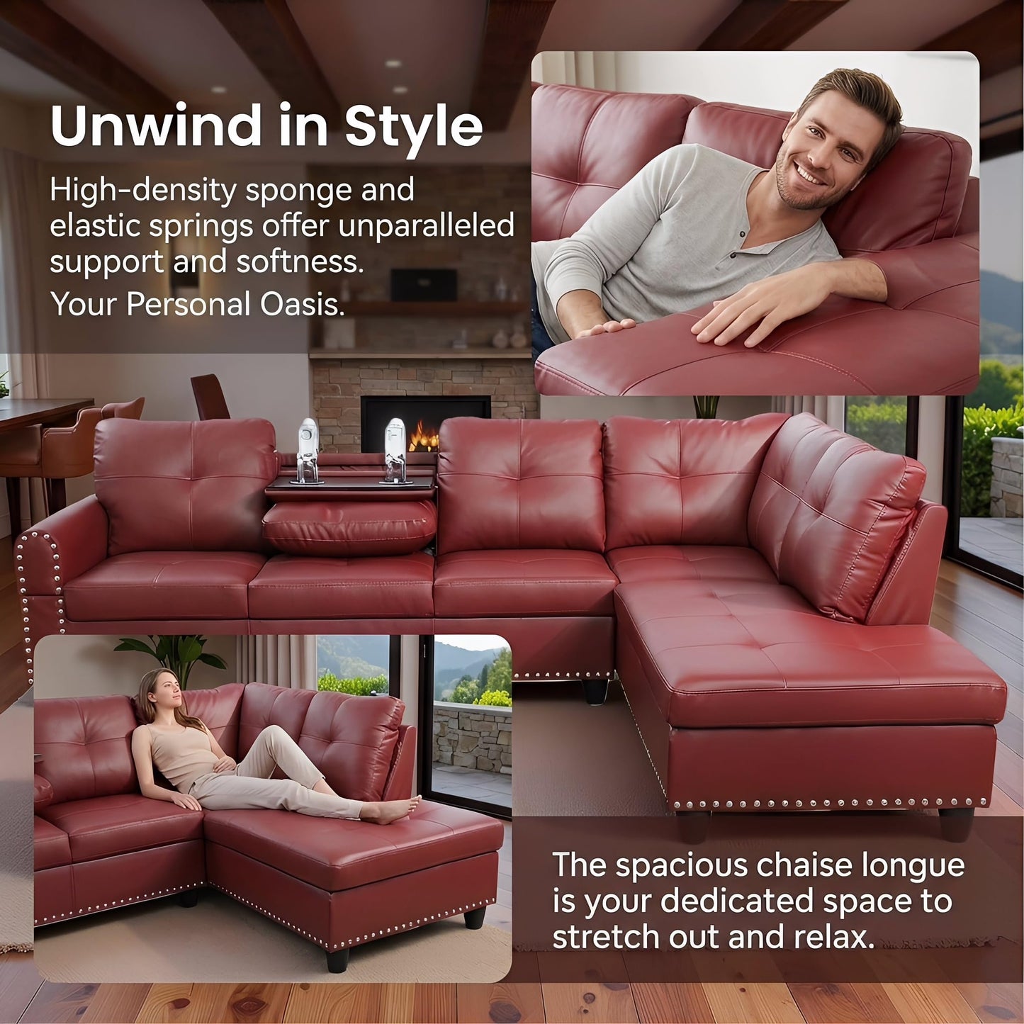Topcomfy Red Sectional Couches for Living Room with Movable Chaise & Storage Ottoman - 97.5" Leather L Shaped Couches for Living Room Apartment, Home Modular Sectional Sofas with Cup Holder