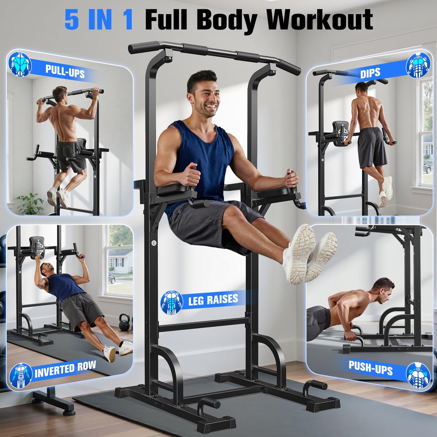 Sportsroyals Power Tower Dip Station Pull Up Bar for Home Gym Strength Training Workout Equipment, 450LBS