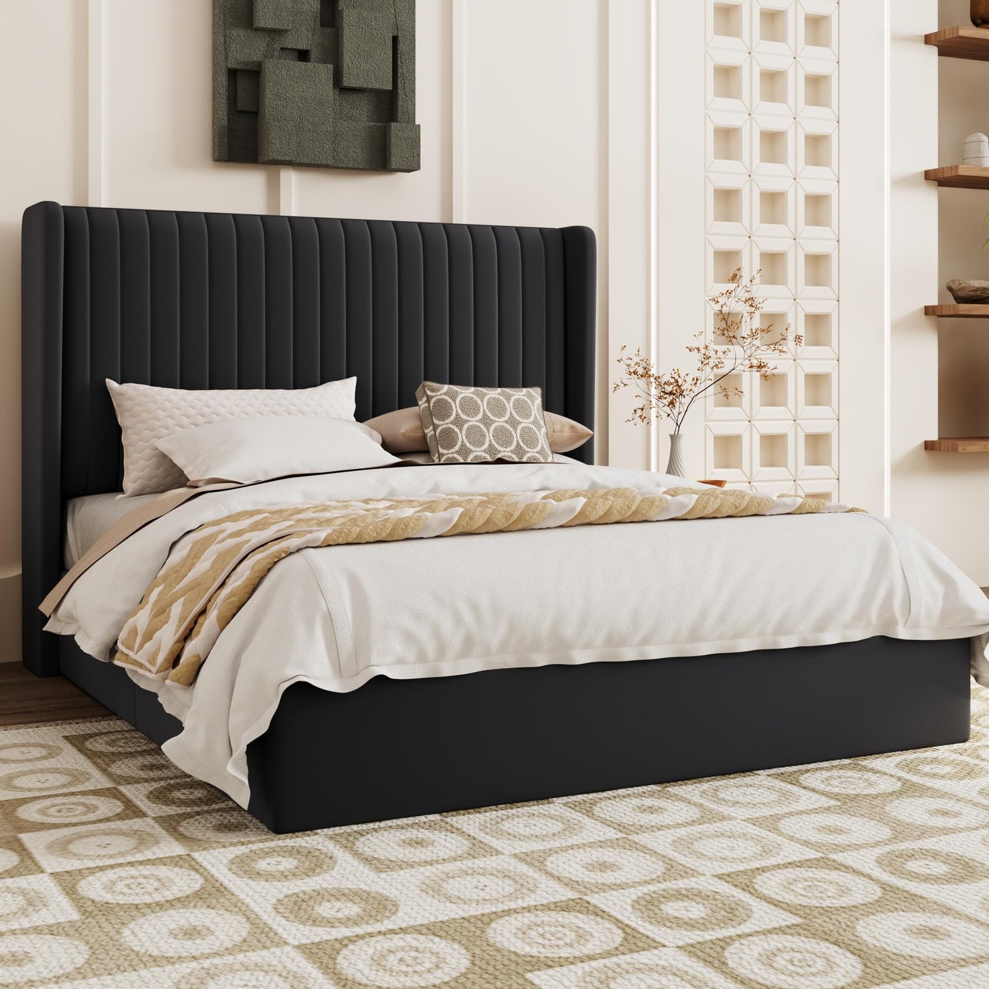 SHA CERLIN Queen Size Lift Up Storage Bed Frame, Vertical Channel Tufted Headboard with Wingback, Hydraulic Underneath Storage Space, Soft Velvet Upholstered Platform Bed, No Box Spring Needed, Black