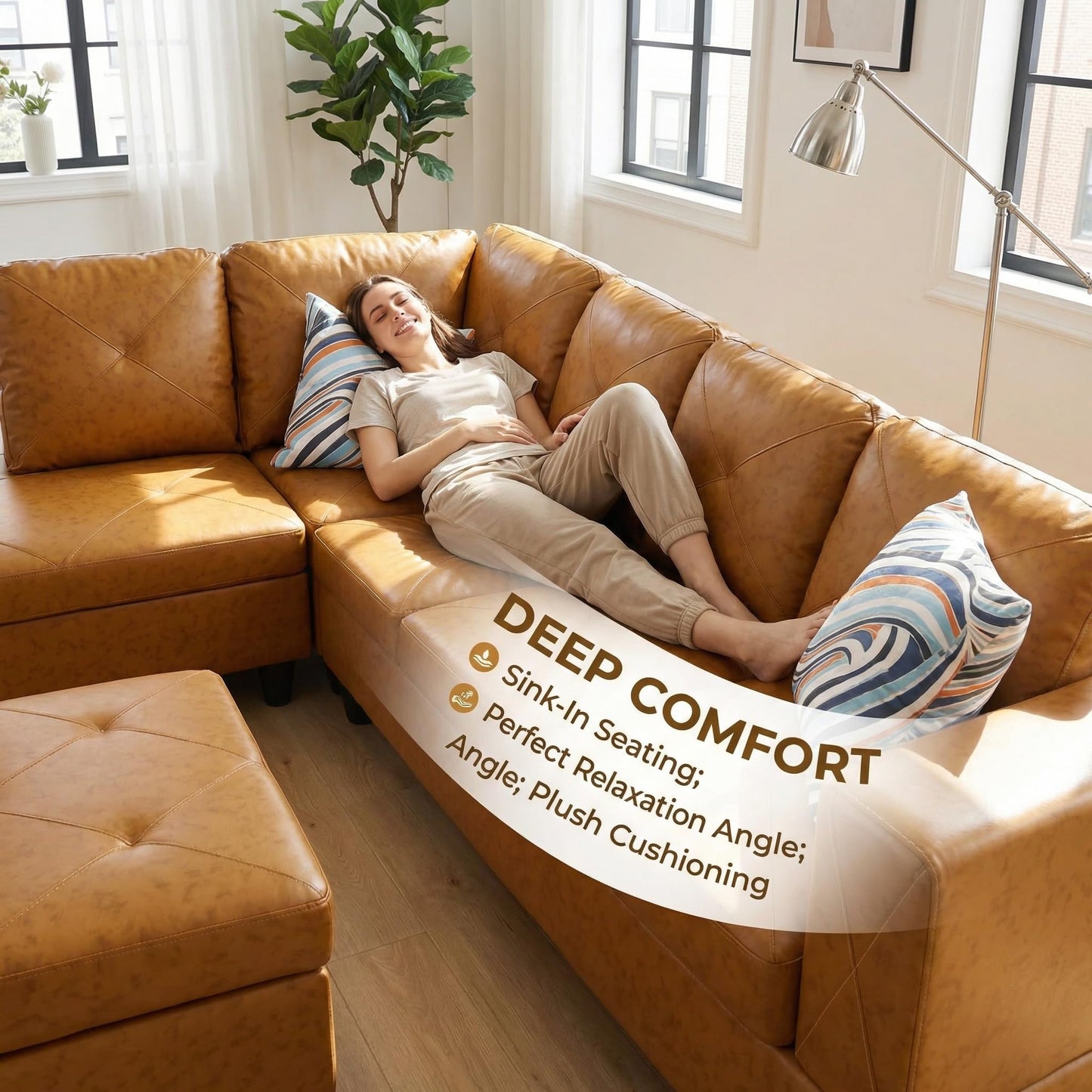 Trygoal 3-Piece L-Shaped Modular Leather Sofa – Convertible Sectional Couch with Movable Chaise & Storage Ottoman, Multi-Scene Use for Living Room, Apartment & Office, Ginger Yellow