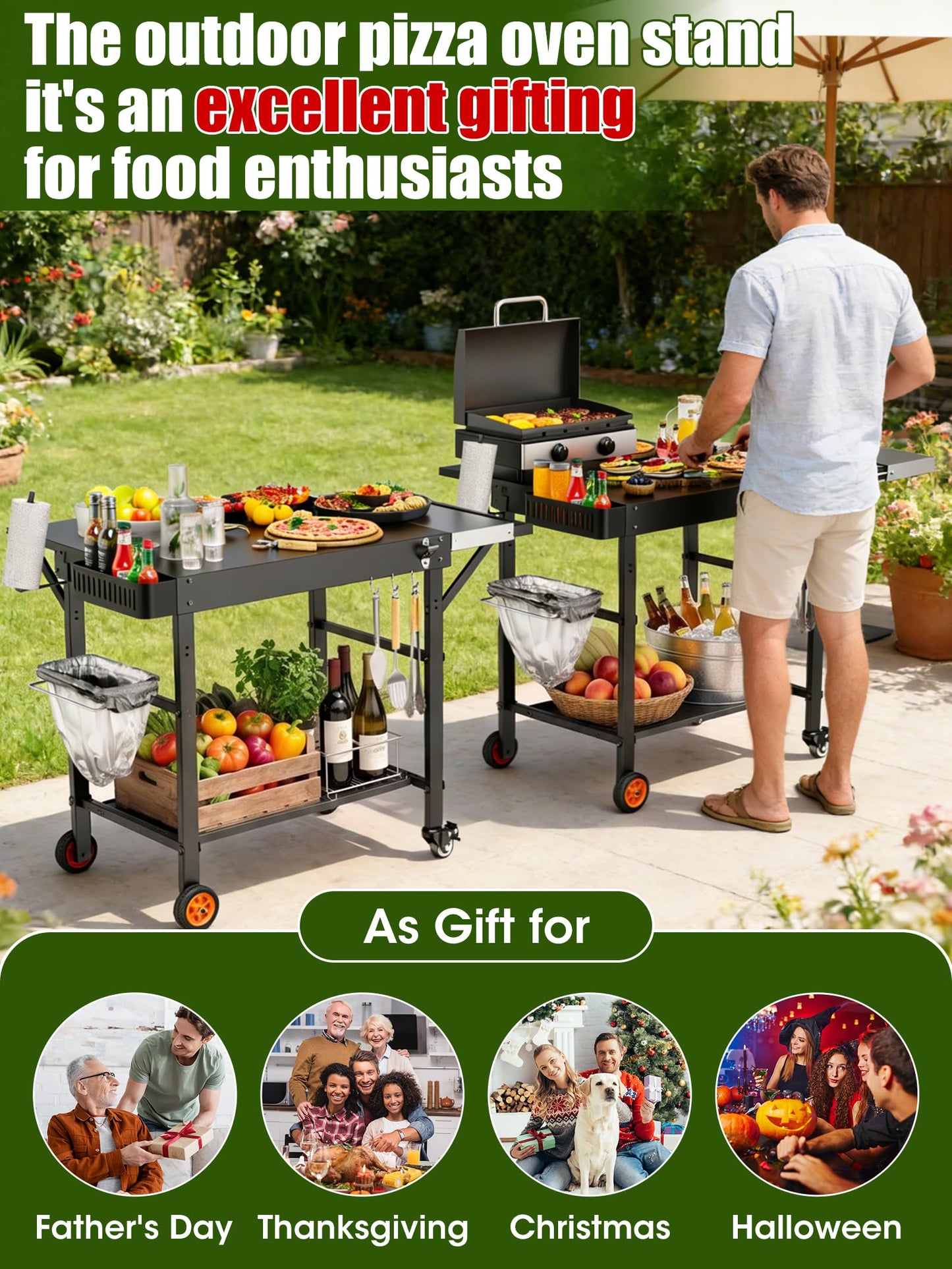 Outdoor Pizza Oven Table, Movable Grill Side Table, Expansive Countertop Pizzas Oven Accessories, Pizzas Stands for Party with Wheels, Fits Ooni Blackstone Ninja Cuisinart Gozney