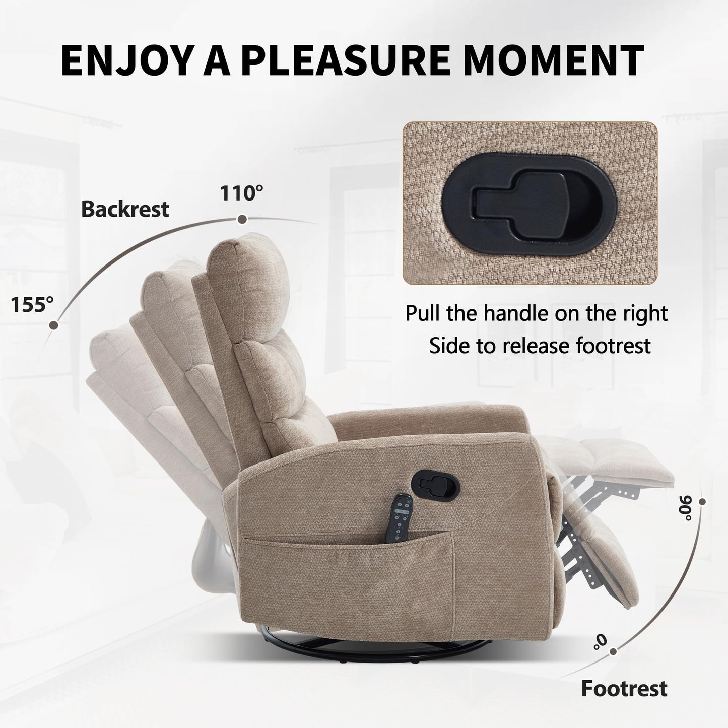 KEIKI 4-in-1 Manual Swivel Rocker Recliner Chair for Home Living Room, Chenille Chair with Back Massager & Heat, Home Theater Seating with Lumbar Support, Comfy Bedroom Chairs for Elderly, Khaki