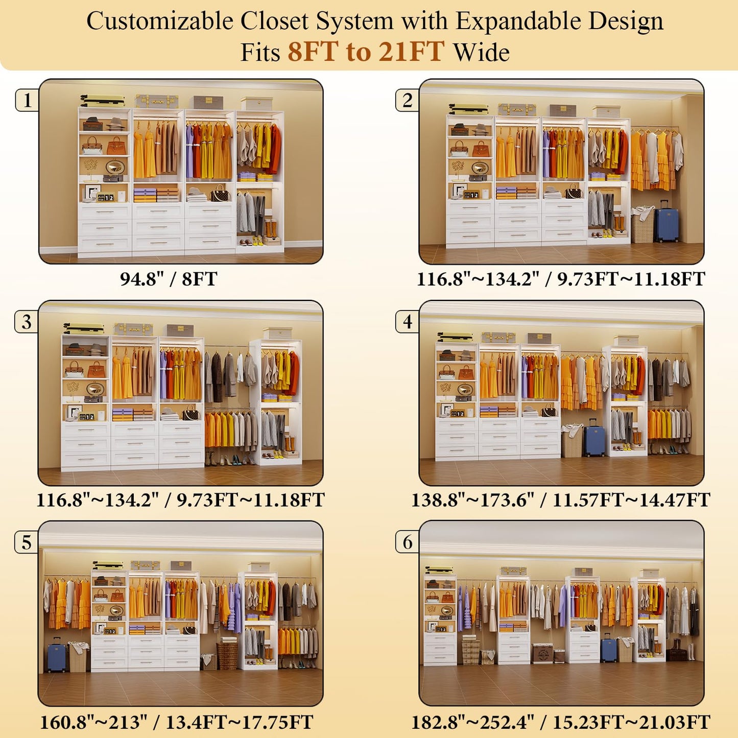 Closet System with 4 Sets, 8-21FT Closet Organizer System with 9 Drawers & 6 Shelves & 8Hanging Rods, Custom L-Shaped Walk in Closet Organizers and Storage System, Modular Closet Shelving System,White