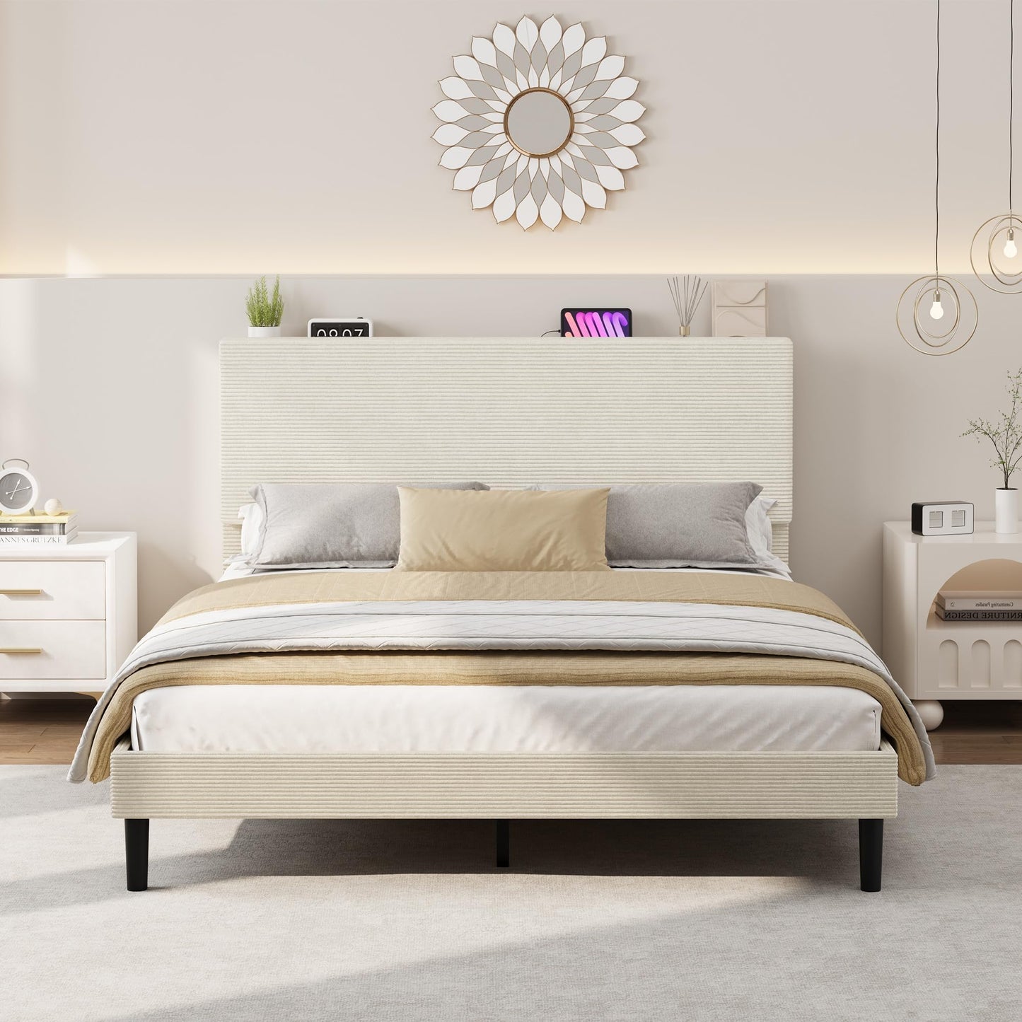 GarveeLife Corduroy Upholstered Platform Bed Frame with USB Charging Station, Adjustable Storage Headboard, Wooden Slat Support, No Box Spring Needed, Easy Assembly, Full Beige