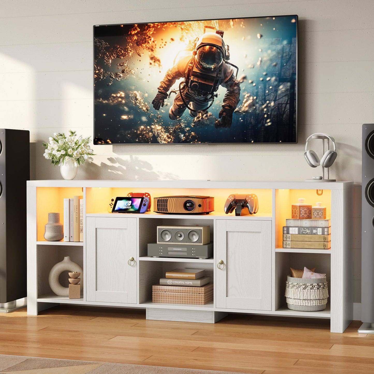 LIKIMIO TV Stand for TVs 80 inch with LED Lights & Power Outlet, Entertainment Center with Cabinets, Adjustable Shelves and Open Shelves, Modern Media TV Console Living Room, White