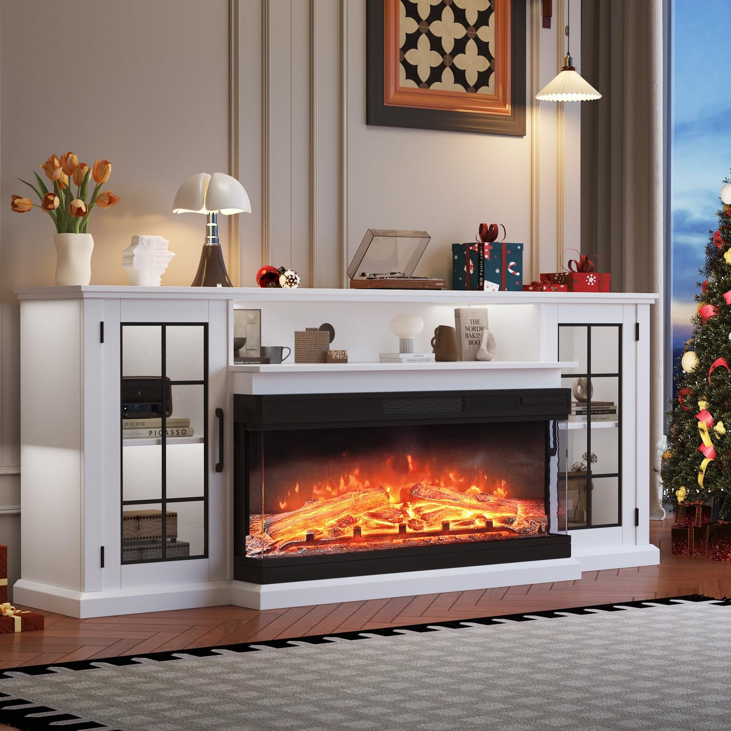 Fireplace TV Stand, 75'' TV Stand with 40" Fireplace, Electric Fireplace Heater, Entertainment Center with Frame and LED Light Colors, TV Console Cabinet