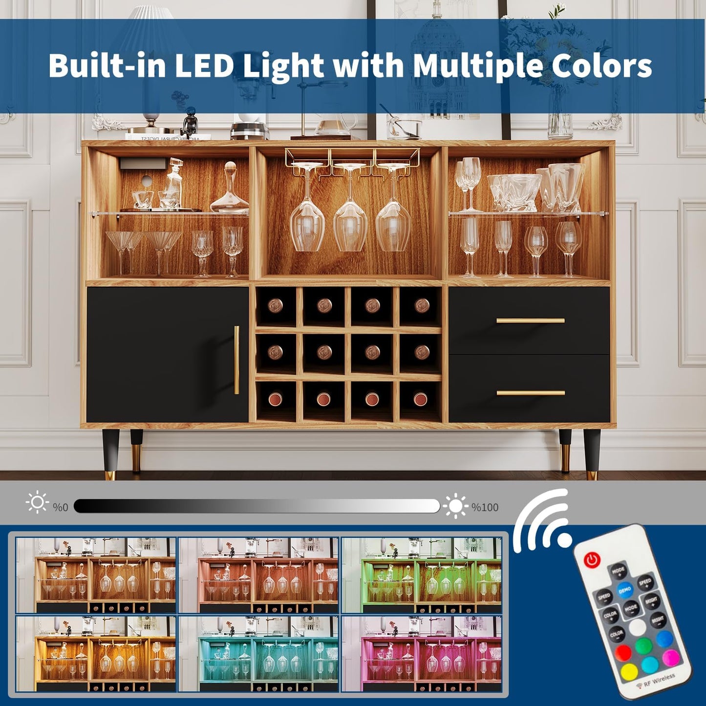 47 Inch Bar Cabinet with LED Lights & Charging Station, Modern Sideboard Buffet Cabinet with Storage Drawers, Wine Rack & Doors, Coffee Bar Table for Living Room, Dining Room, Home- Wood & Black
