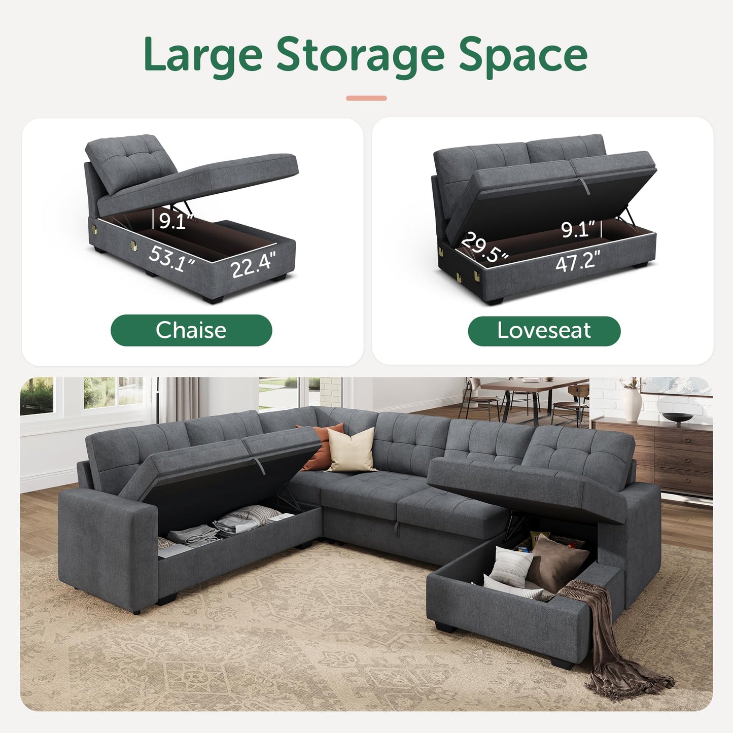 HONBAY Sectional Sleeper Sofa, Sleeper Sofa Couch with Storage Chaise, Sectional Couch with Pullout Bed for Living Room, Bluish Grey