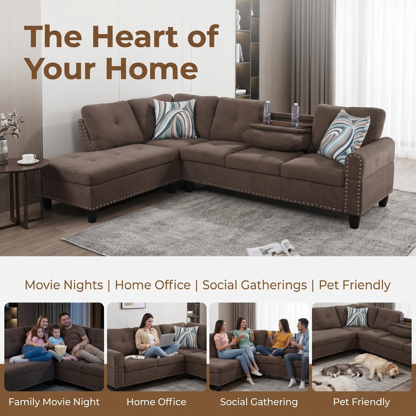 Trygoal 97.5" Linen L Shaped Couch with Left Chaise & Cup Holder, Sectional Sofas Modular Furniture Set with Storage Ottoman, Convertible Couches for Living Room, Small Space & Office (Brown)