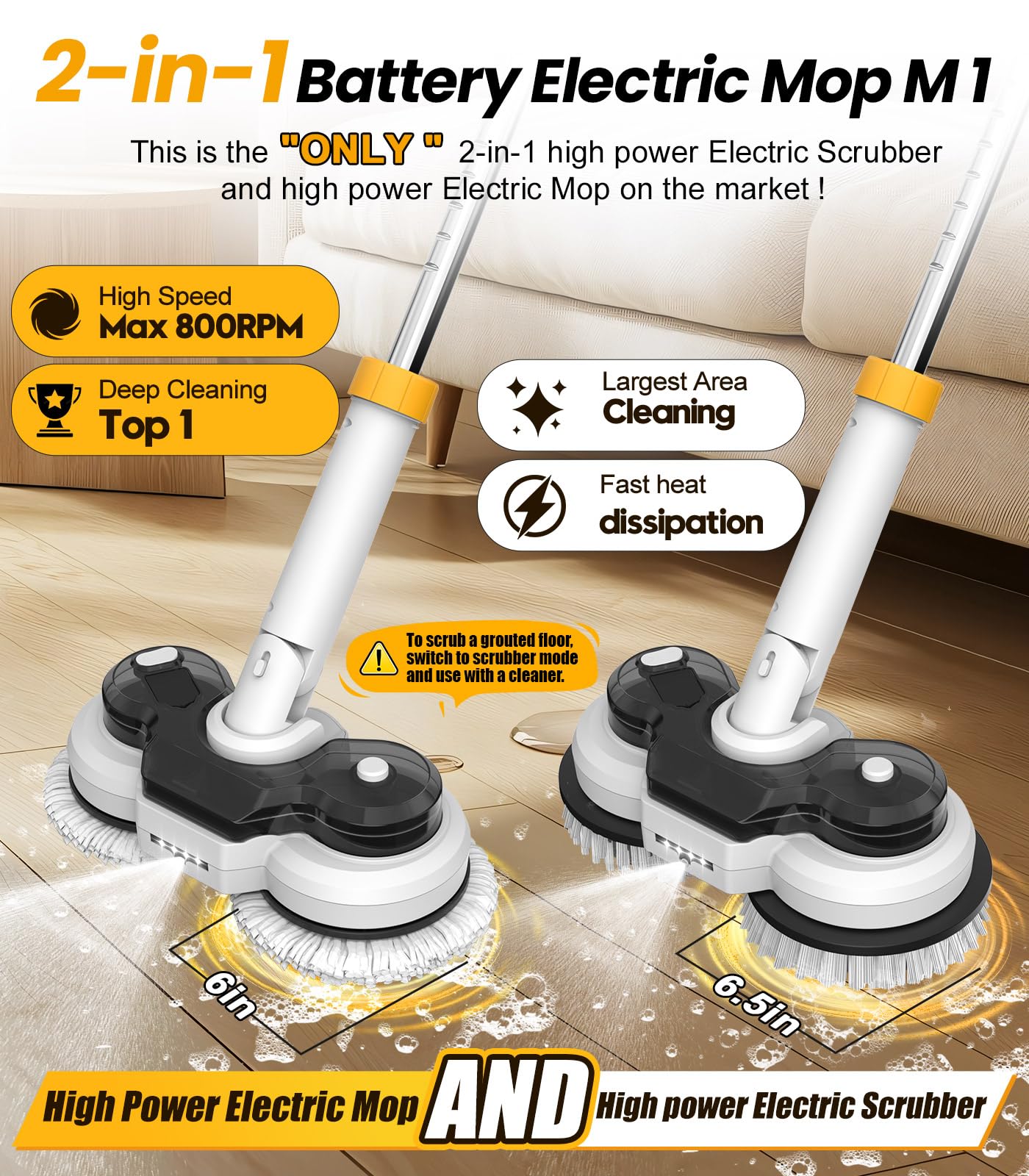 qimedo 800RPM Cordless Electric Mop, 6000mAh Battery Electric Power Scrubber & Mops for Floor Cleaning, Best Automatic Spin Mops with Smart Display,Rotating Mop with LED Light & Water Spray
