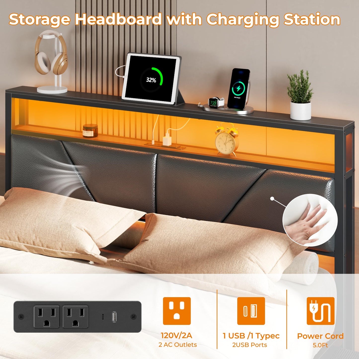 OURPIC Queen Bed Frame, 2-Tier Storage Headboard & 6 Fabric Drawers, PU Leather Upholstered Queen Size Platform Bed with Charging Station and LED Lights, No Box Spring Needed, Noise Free